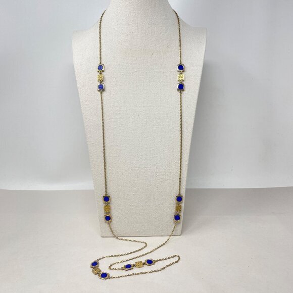 Vintage Long Necklace Blue Gold-Tone Chain‎ Layering Classic Old Money - Picture 1 of 6